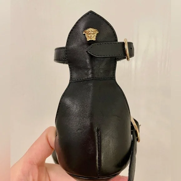 VERSACE Stiletto Medusa Black Gold Sandal Heels Ankle Strap